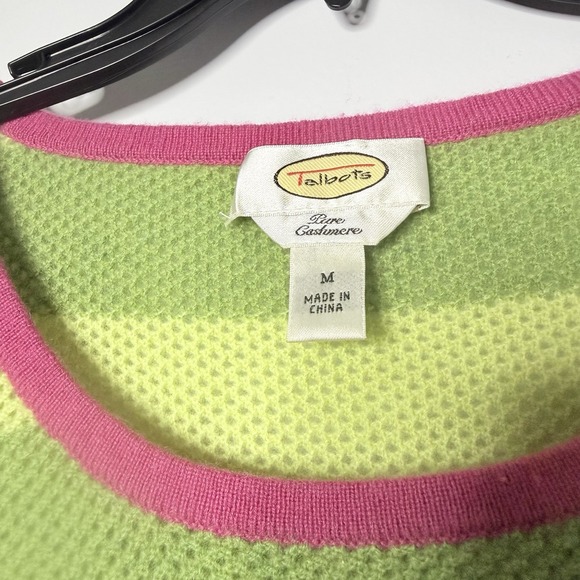 Talbots 100%Pure Cashmere Sweater Women's Sz M Green Striped Pink Trim Open Knit - Picture 9 of 14